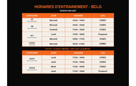 Horaires d'entrainement