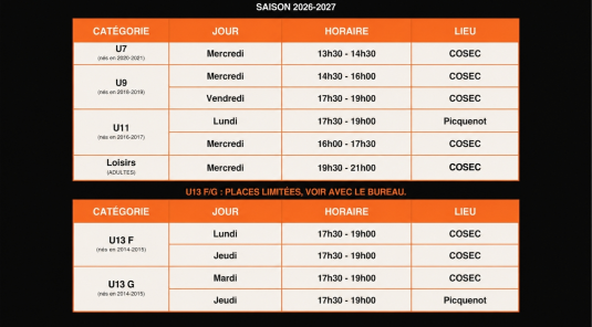 Horaires d'entrainement